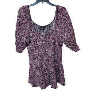 City Chic Babydoll Top M 18 Ditsy Floral Short Puff Sleeve Smock Cottage Peasant